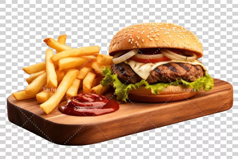 عکس دوربری همبرگر و سیب‌زمینی سرخ‌کرده خوشمزه تولید شده با هوش مصنوعی بر روی پس‌زمینه شفاف