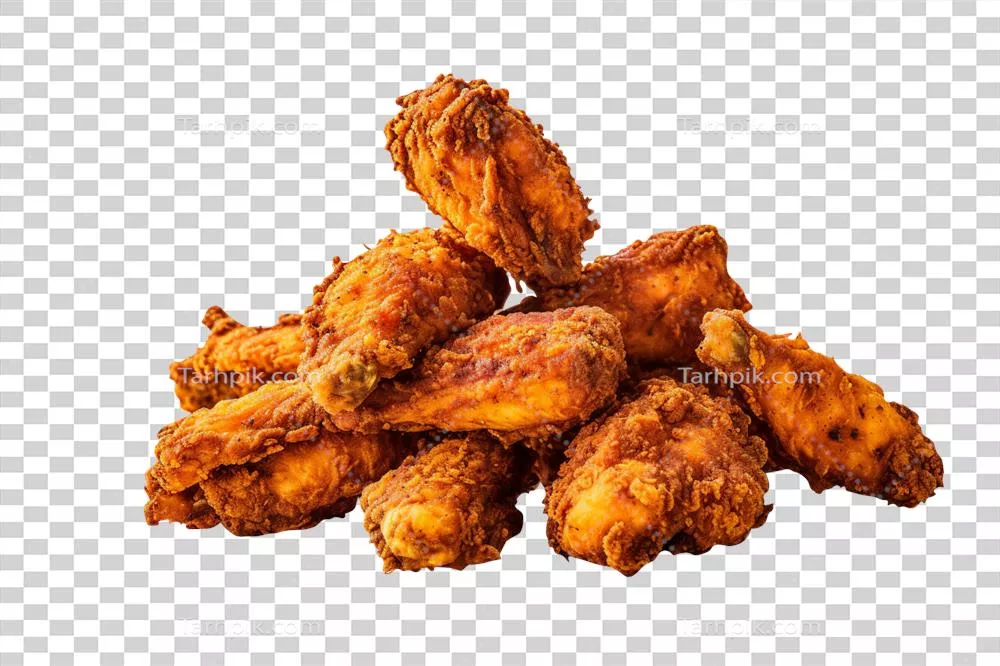 عکس دوربری ست کامل مرغ سرخ شده با پس‌زمینه شفاف و بدون درز