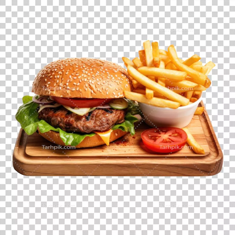 عکس دوربری همبرگر و سیبزمینی سرخ کرده تولید شده توسط هوش مصنوعی روی پسزمینه شفاف