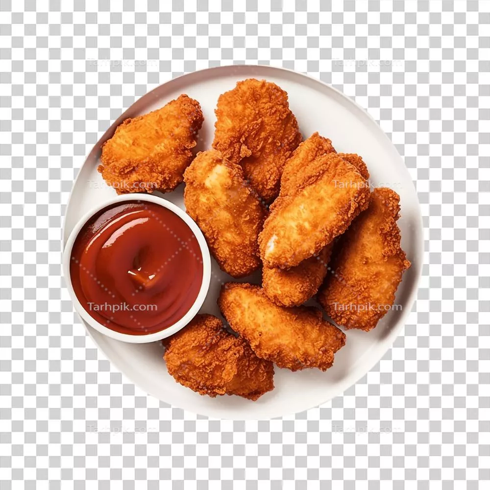 عکس دوربری نکته های مرغ سوخاری با کچاپ روی یک بشقاب - خلق شده توسط هوش مصنوعی