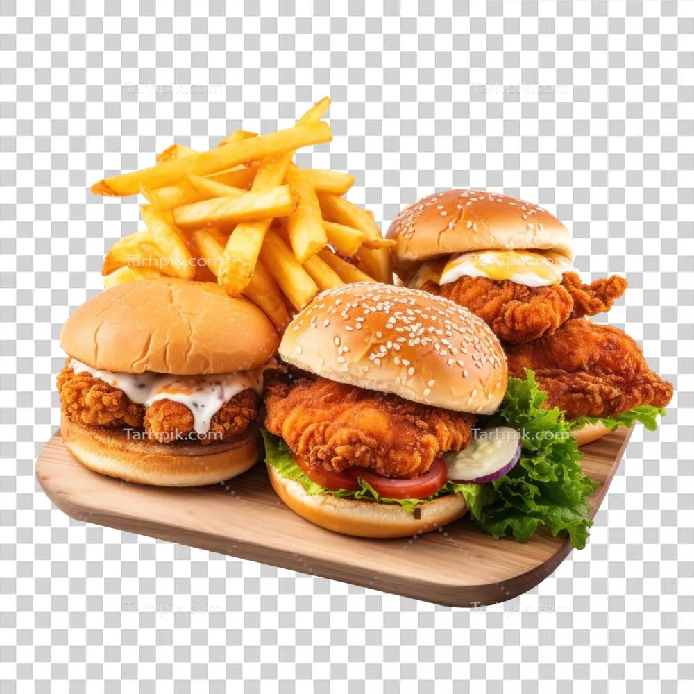 عکس دوربری چشیدن لذیذترین فست فود تولید شده با هوش مصنوعی شامل همبرگر و سیب زمینی سرخ کرده