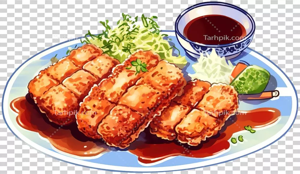 عکس دوربری رول های بهاری سرخ شده روی بشقاب با سس سویا