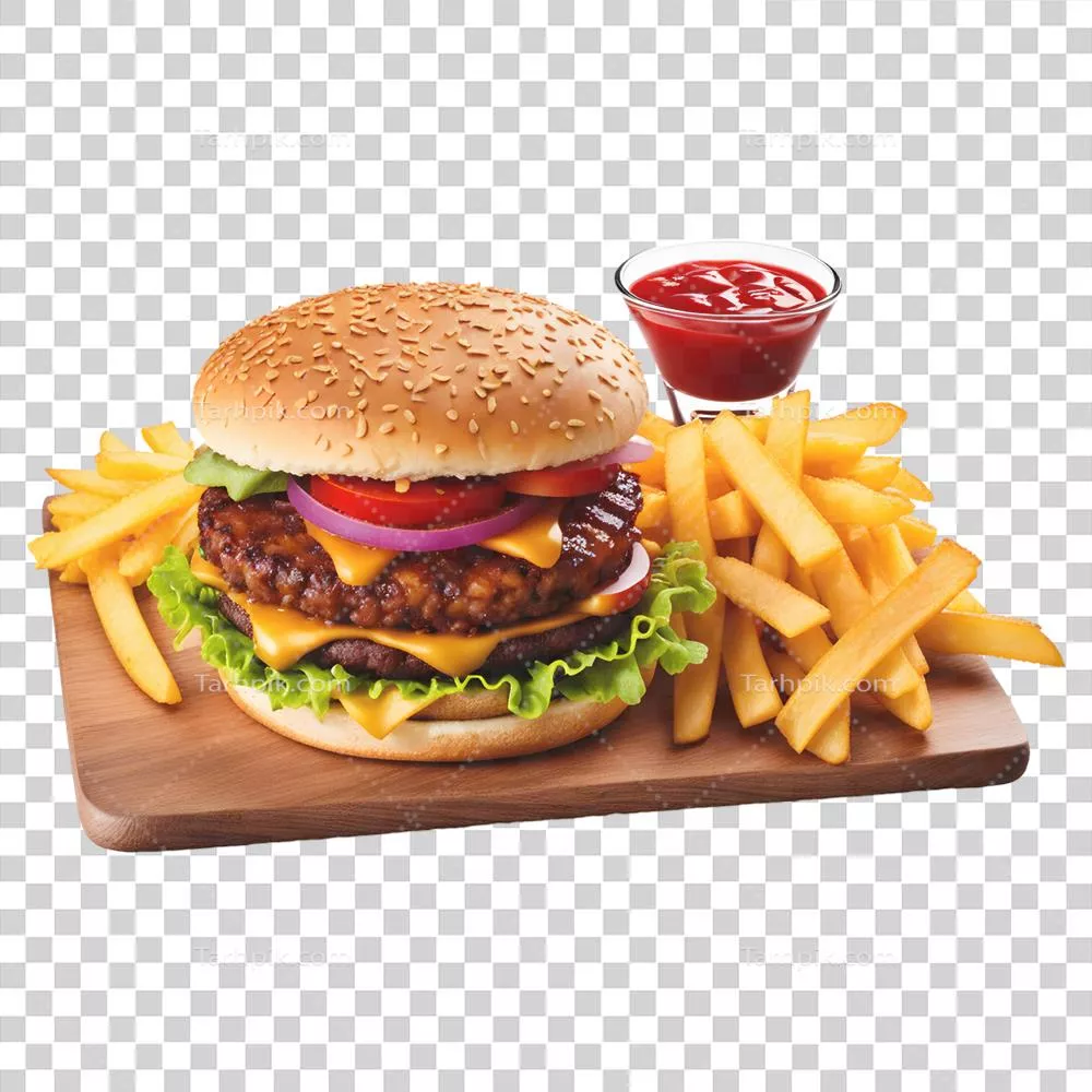 عکس دوربری همبرگر خوشمزه تولید شده با هوش مصنوعی و سیب‌زمینی سرخ‌کرده در پس‌زمینه شفاف