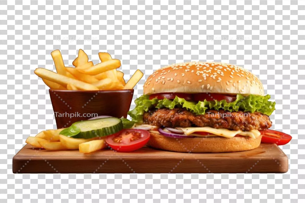 عکس دوربری همبرگر و سیبزمینی سرخکرده خوشمزه تولید شده توسط هوش مصنوعی