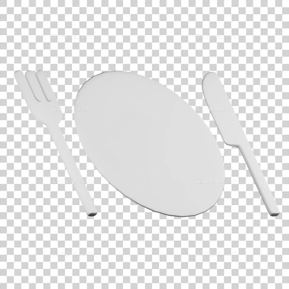 عکس دوربری تصویر سه‌بعدی چنگال، چاقو و بشقاب با نمایی زیبا از غذا