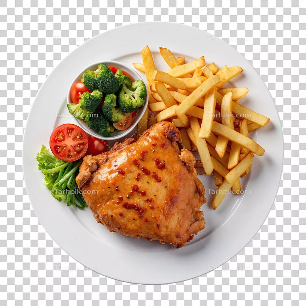 عکس دوربری فیله‌ مرغ خوشمزه و سیب‌زمینی سرخ کرده همراه با پس‌زمینه شفاف