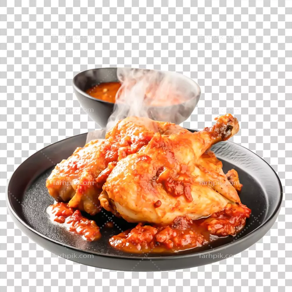 عکس دوربری مرغ کبابی خوشمزه و تند با سس قرمز در بشقاب سیاه
