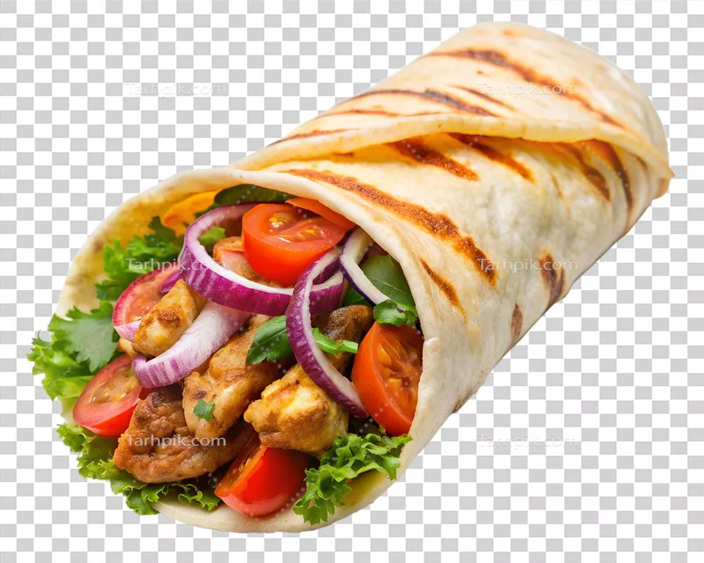 عکس دوربری ساندویچ شاورمای مرغ خوشمزه با سبزیجات تازه و تورتیا کبابی