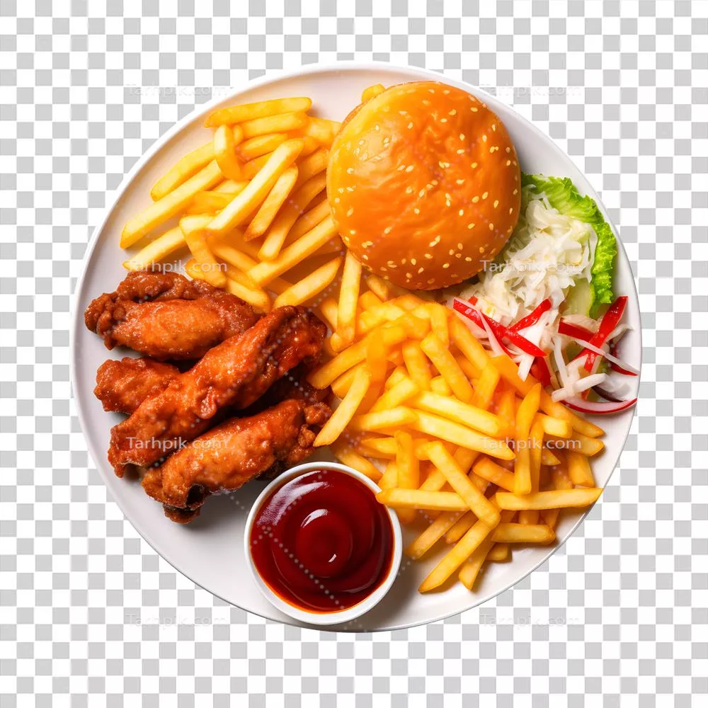 عکس دوربری بشقاب حاوی مرغ سرخ شده، سیب‌زمینی سرخ کرده و سس کچاپ