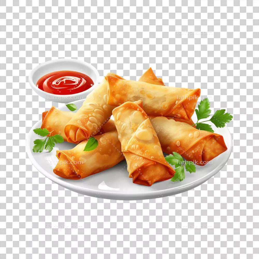 عکس دوربری رُل‌های سموسه در بشقاب روی پس‌زمینه شفاف