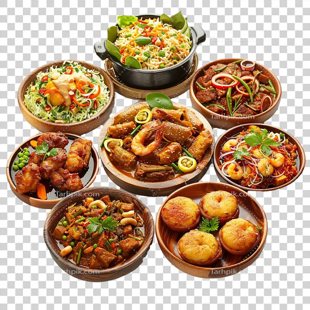 عکس دوربری کلکسیون معطر از غذاهای متنوع جنوب آسیا: سبزیجات، کاری، خورشت میگو و گوشت، تنقلات سرخ شده و سالادها