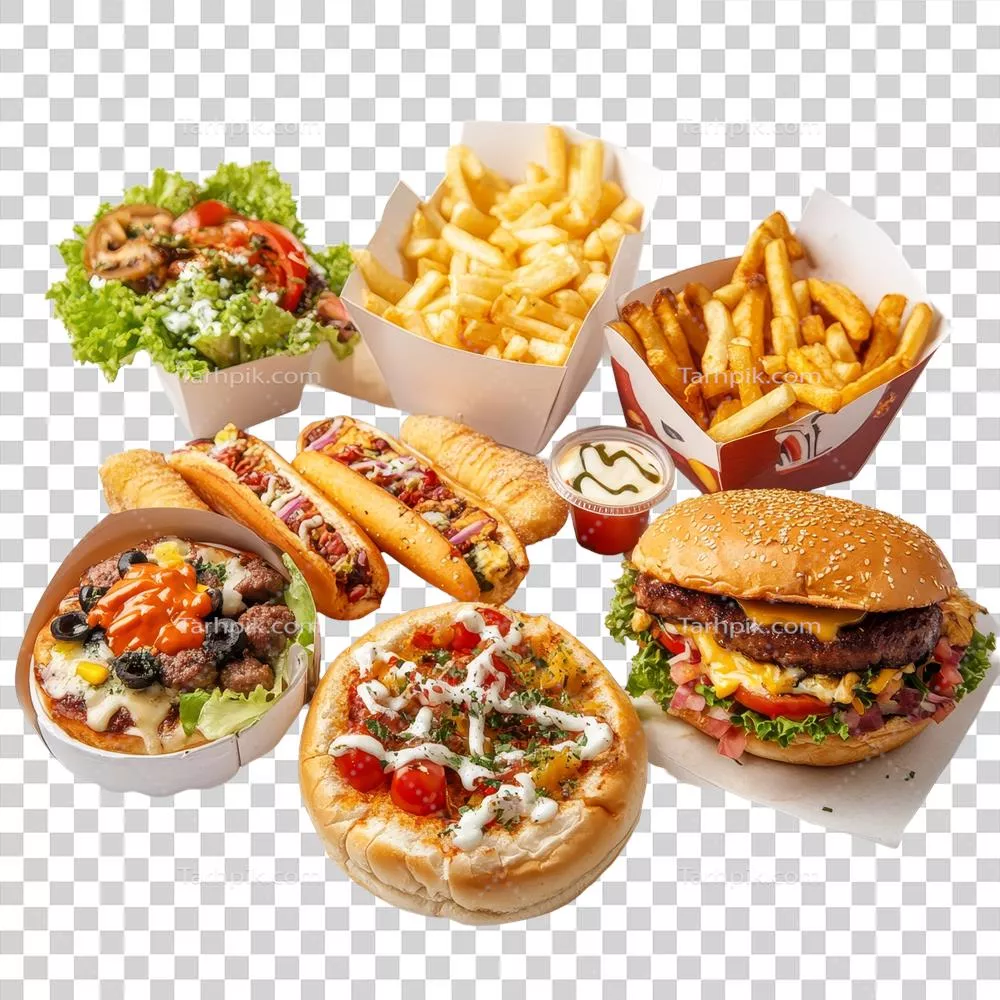 عکس دوربری انواع متنوع فست فود تازه شامل همبرگر، هات داگ و سیب‌زمینی سرخ کرده به صورت هنرمندانه روی پس‌زمینه شفاف