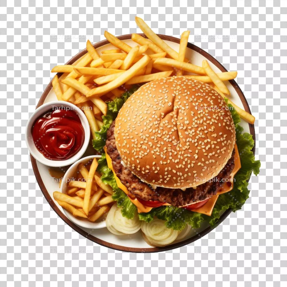 عکس دوربری برگر کلاسیک با سیبزمینی سرخکرده و سس کچاپ