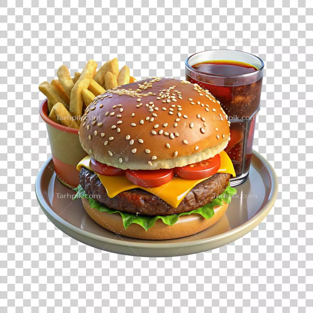 عکس دوربری همبرگر و سیب‌زمینی سرخ‌کرده با یک نوشابه سرد