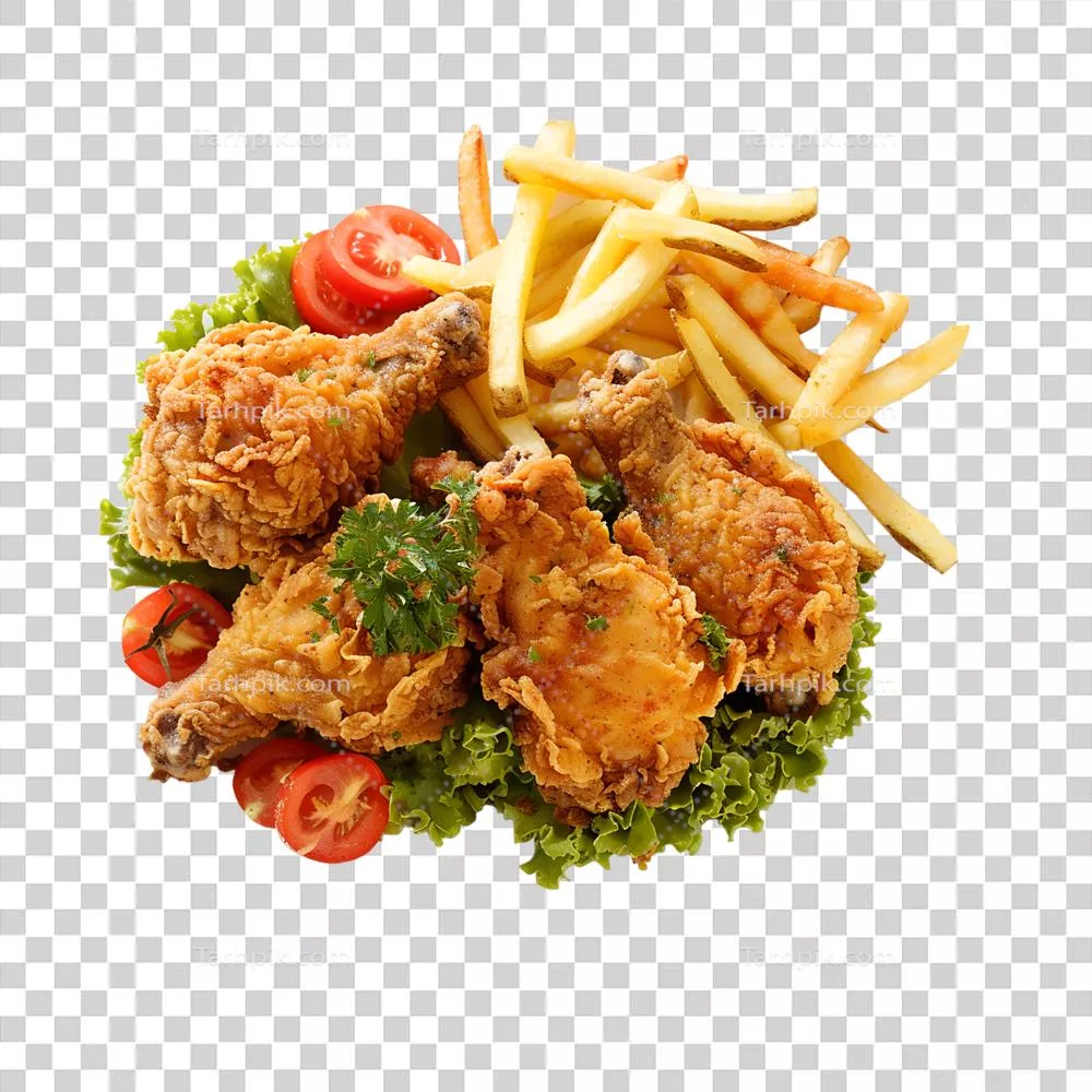 عکس دوربری مرغ سرخ‌کرده و سیب‌زمینی سرخ‌کرده در بشقاب خوشمزه و لذیذ