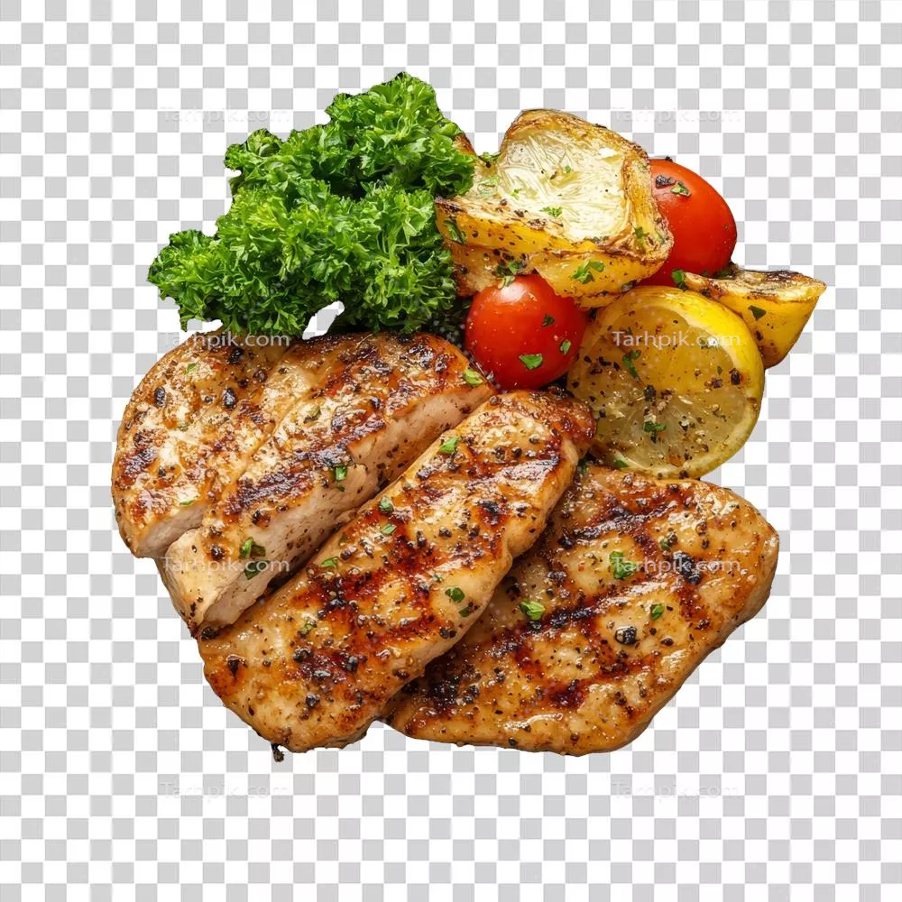 عکس دوربری استیک مرغ خوشمزه کبابی با سبزیجات تازه بر روی بشقاب مشکی براق برای یک وعده غذایی سالم