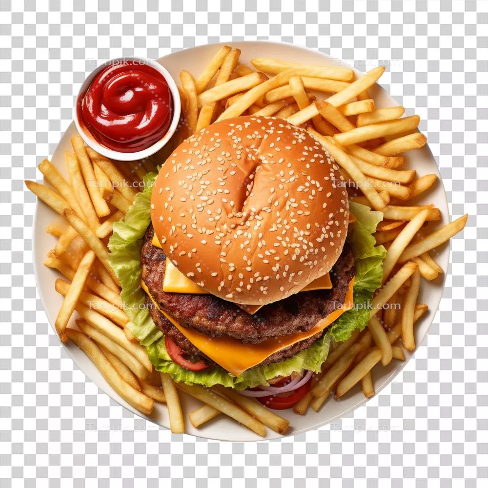 عکس دوربری برگر دوگانه خوشمزه با سیبزمینی سرخکرده طلایی و ترد