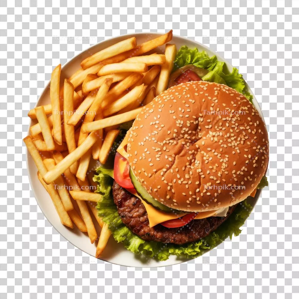عکس دوربری هامبرگر خوشمزه با سیب‌زمینی سرخ کرده بر روی بشقاب سفید