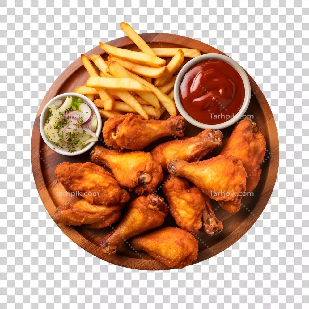عکس دوربری بال‌های مرغ و سیب‌زمینی سرخ‌کرده در بشقاب چوبی با کچاپ و سس کچاپ