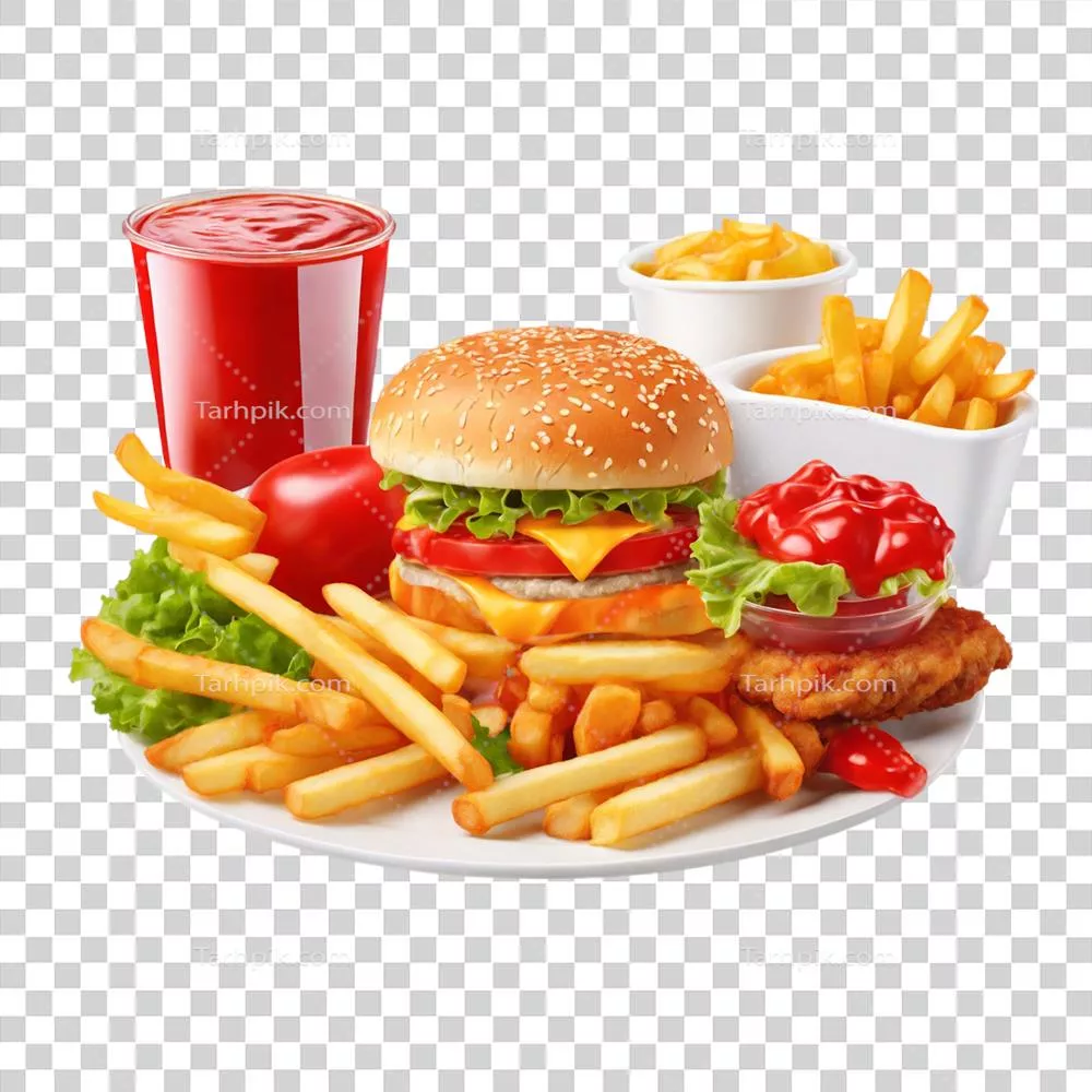 عکس دوربری برگر و سیب‌زمینی سرخ‌ کرده بر روی پس‌زمینه شفاف