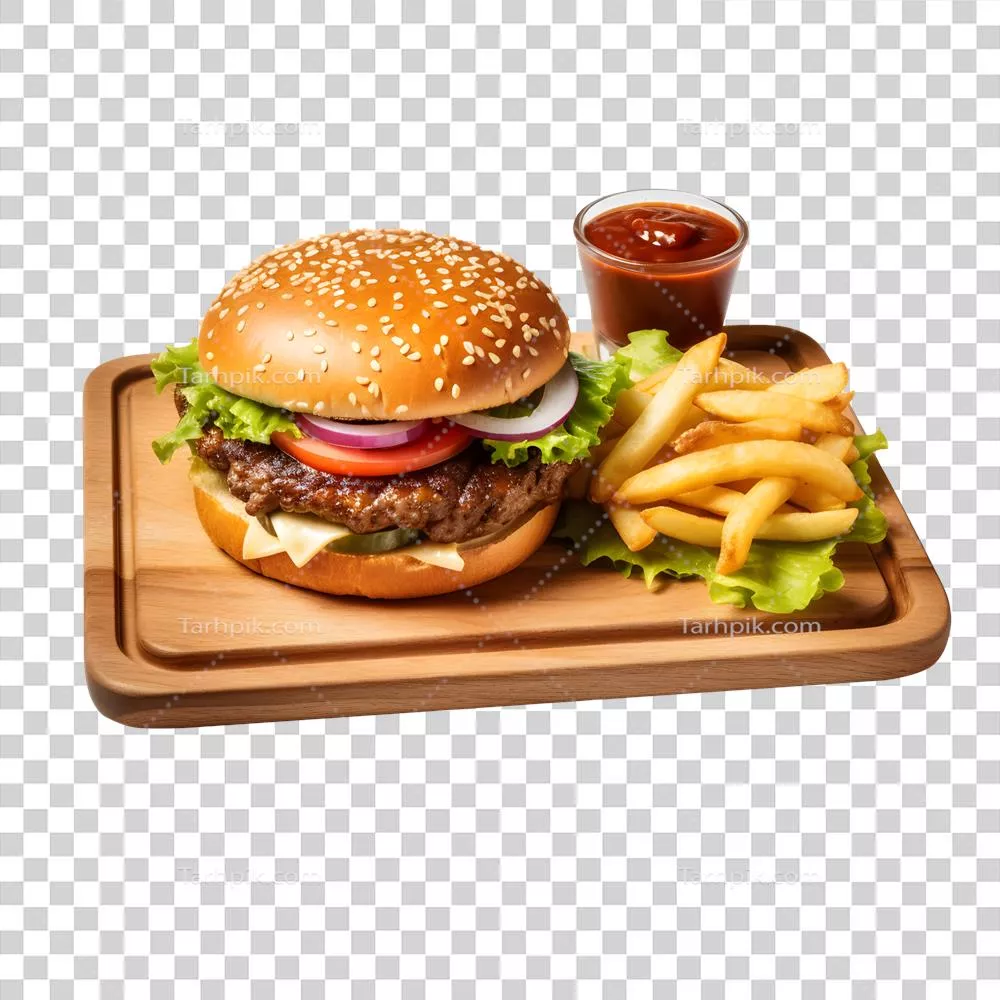 عکس دوربری همبرگر و سیب‌زمینی سرخ‌کرده بر روی بشقاب چوبی با پس‌زمینه‌ سفید
