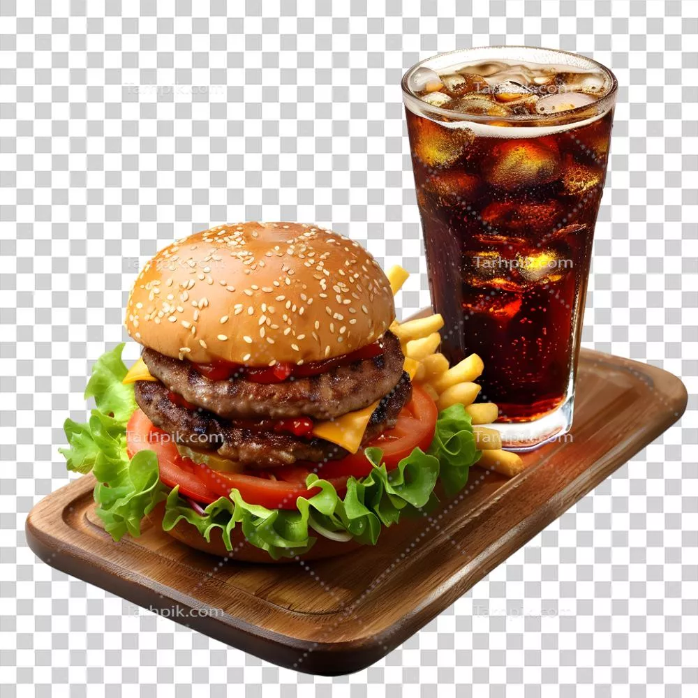 عکس دوربری همبرگر دوگانه با سیب‌زمینی سرخ‌کرده و نوشیدنی در پس‌زمینه شفاف