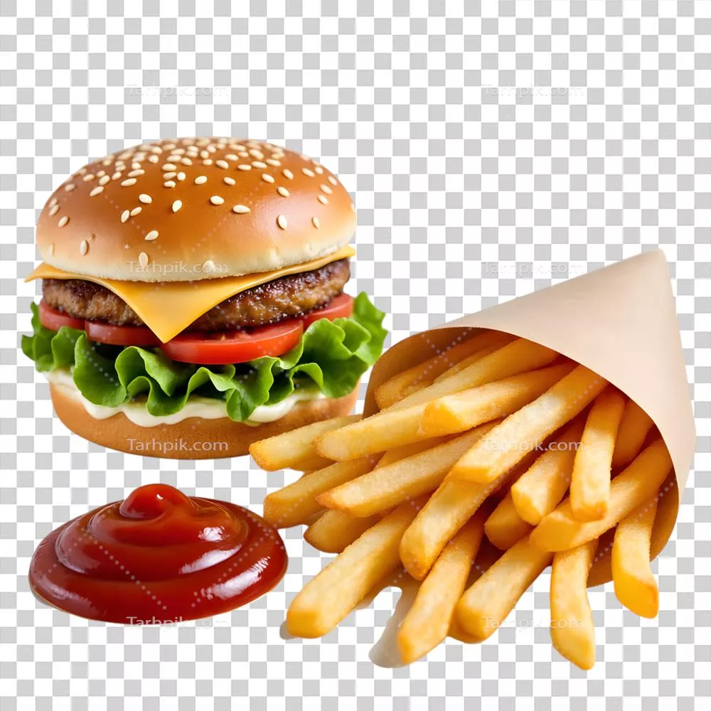 عکس دوربری همبرگر فست فود با سیب زمینی سرخ کرده به عنوان نماد زندگی مدرن غذایی و تنقلات ناسالم