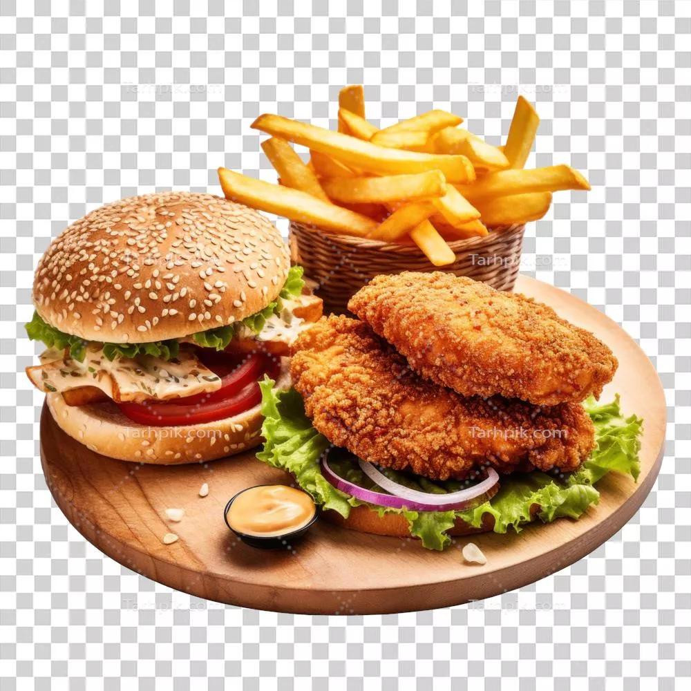 عکس دوربری همبرگر مرغ آبدار و سیب‌زمینی سرخ کرده تولید شده با هوش مصنوعی در بورد