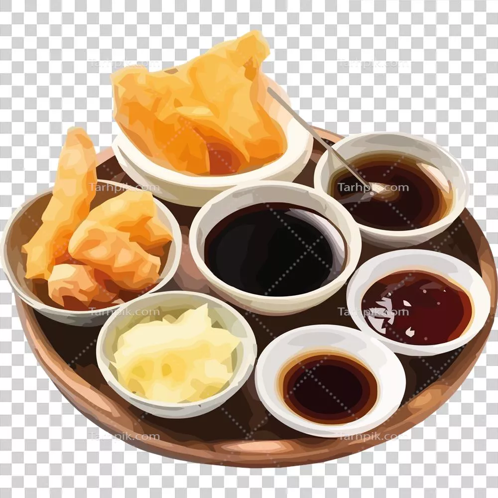 عکس دوربری بشقاب با سسهای مختلف و چیپسهای ترد و خوشمزه
