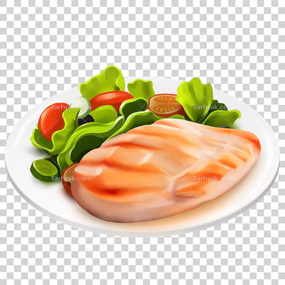 عکس دوربری مرغ سینه ساخته شده با هوش مصنوعی به همراه سالاد سبز به روش نقاشی روغنی