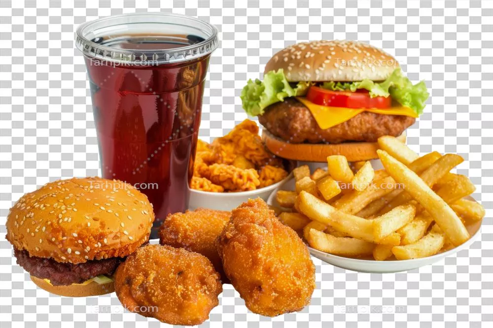 عکس دوربری یک بشقاب غذا و نوشیدنی شامل همبرگر و سیبزمینی سرخکرده