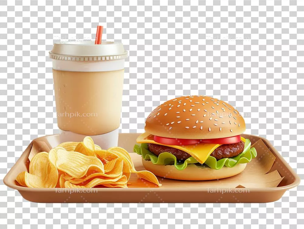 عکس دوربری همبرگر و سیب‌زمینی سرخ‌کرده روی سینی به همراه یک نوشیدنی