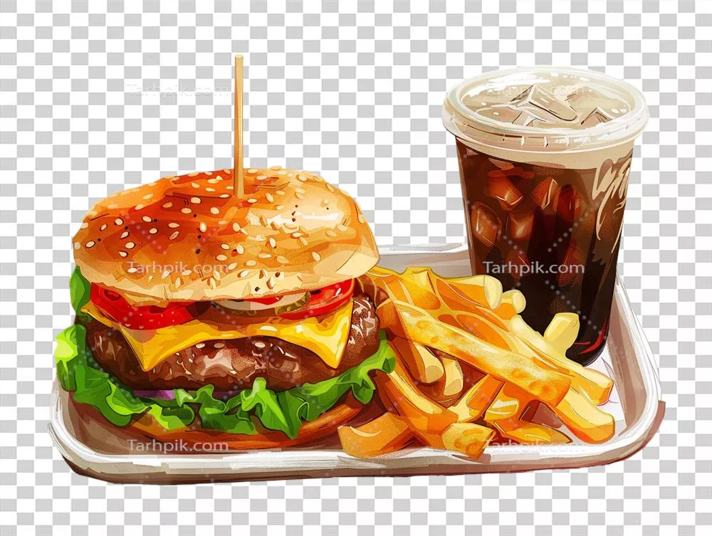 عکس دوربری همبرگر و سیب‌زمینی سرخ‌کرده روی سینی به همراه نوشیدنی