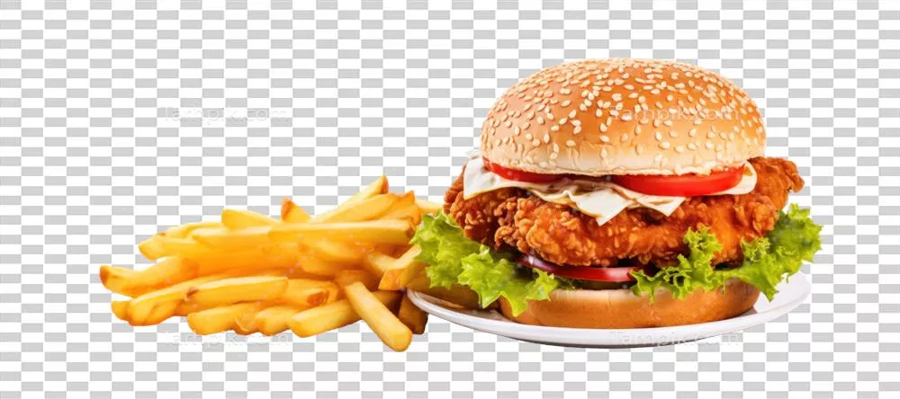 عکس دوربری برگر با مرغ ترد تهیه شده توسط هوش مصنوعی و سیب‌زمینی سرخ‌کرده در بشقاب