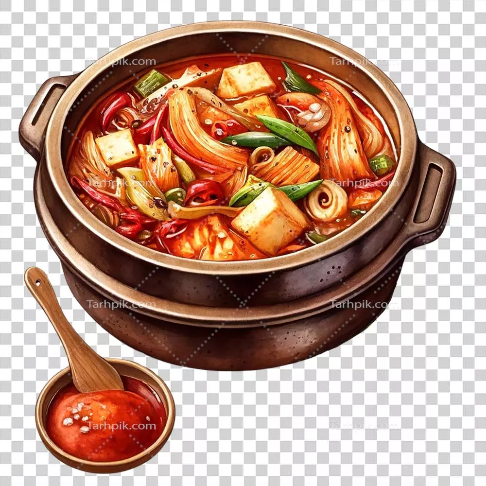 عکس دوربری آب رنگی از کیمچی جیگا، خورشت کیمچی در یک ظرف سفالی زیبا