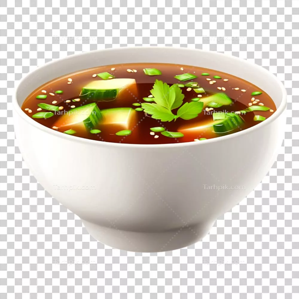 عکس دوربری یک کاسه سوپ تازه و خوشمزه با توفو، سبزیجات و تزیینات روی آن