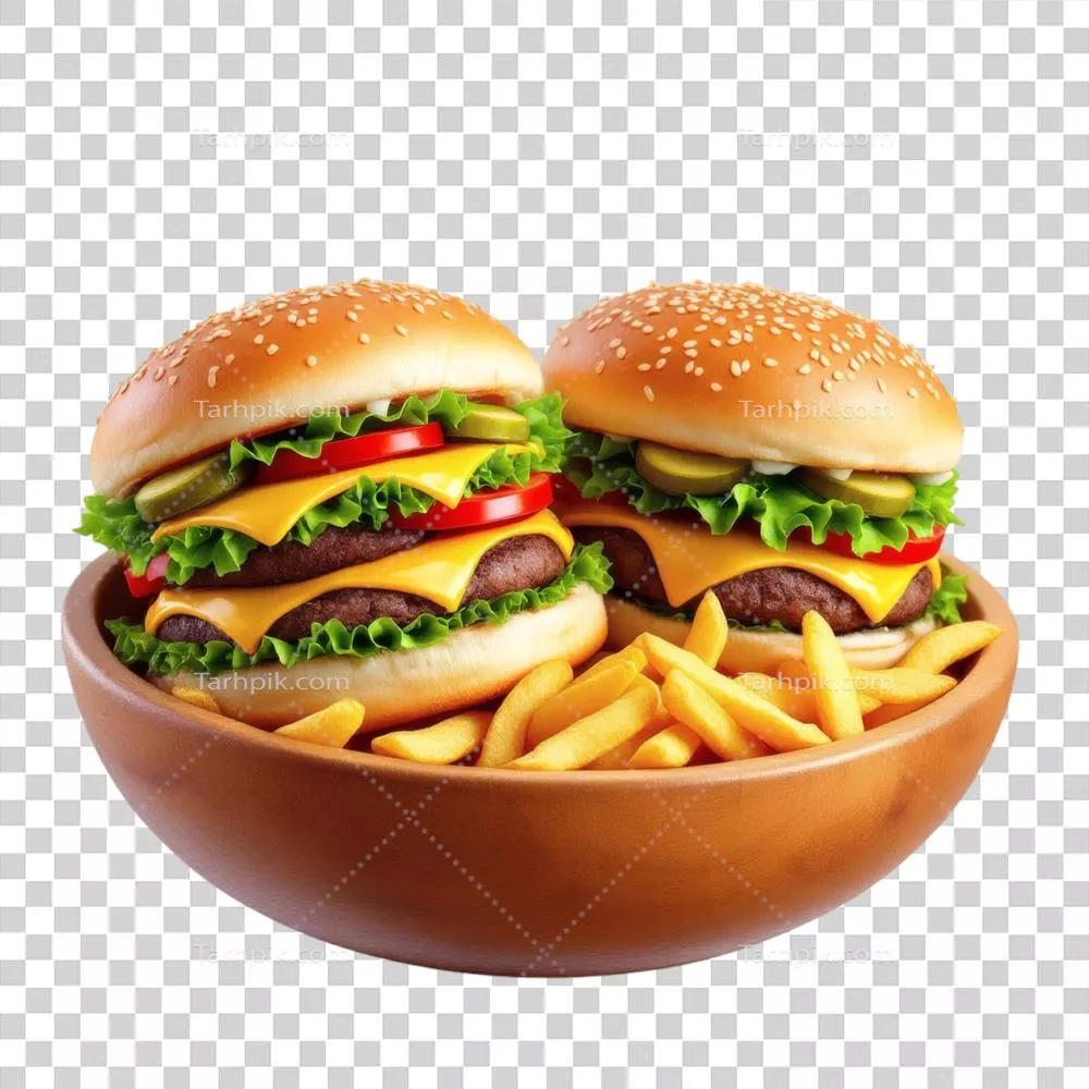 عکس دوربری دو همبرگر و سیب‌زمینی سرخ‌کرده در یک کاسه خوشمزه
