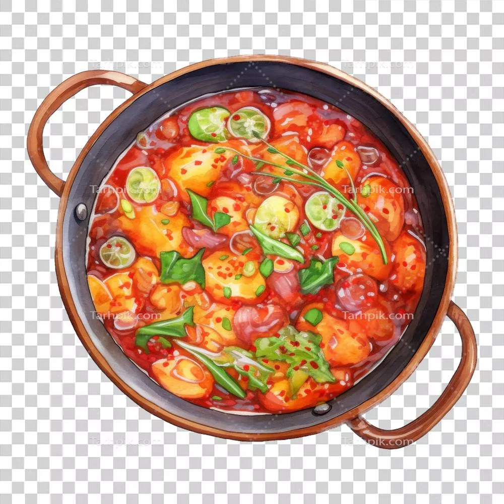 عکس دوربری ترکیب خوشمزه از غذاهای سنتی کوری با الهام در نقاشی سوپ کوری