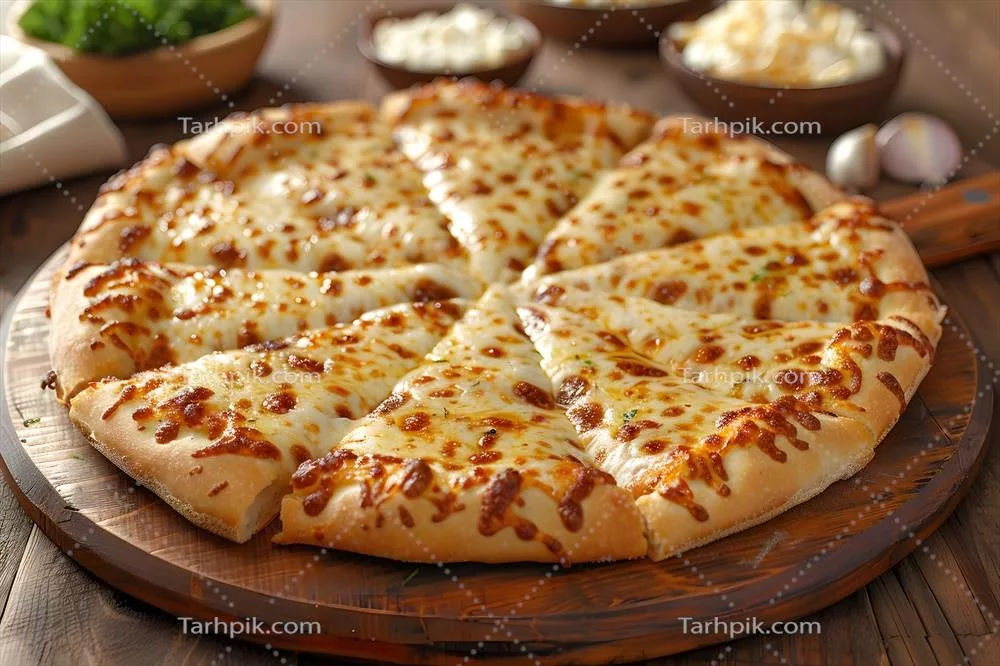 عکس پیتزای خوشمزه و پنیر دار بر روی تخته چوبی مناسب برای منوی رستوران، وبلاگ غذایی یا رسانه های اجتماعی