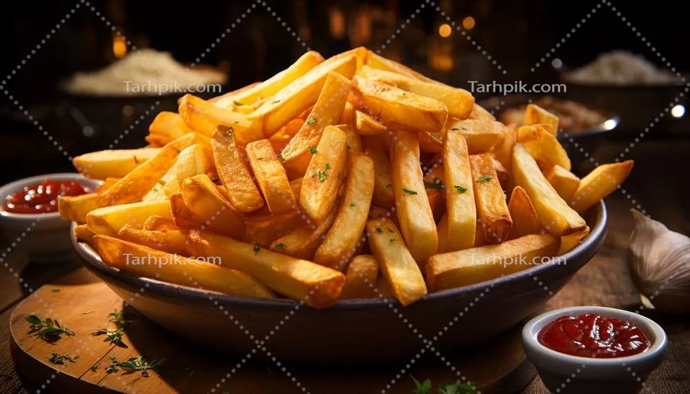 عکس تصویر خیالی یک بشقاب سیب‌زمینی سرخ‌کرده طلایی و ترد در رستوران فست فود