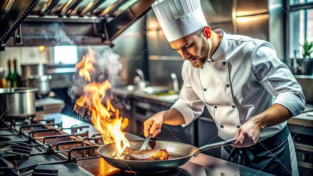 عکس سرآشپز ماهر در حال سرخ کردن کباب خوک در یک آشپزخانه شلوغ رستوران