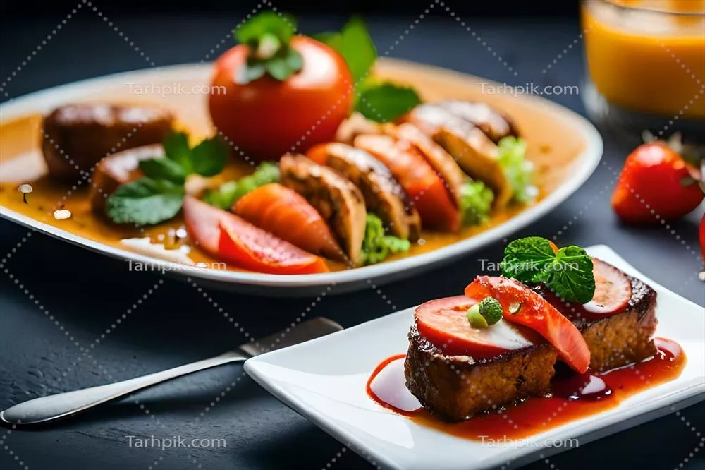 عکس یک بشقاب غذا شامل توت فرنگی و گوشت - تصویر ساخته شده با هوش مصنوعی