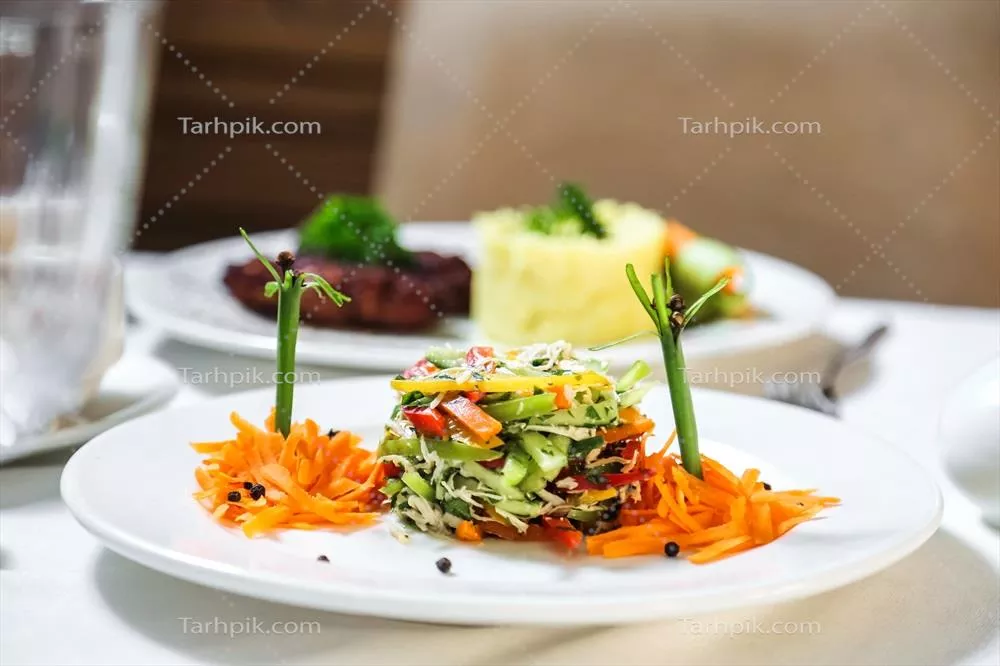 عکس سالاد تازه با انواع سبزیجات متنوع بر روی یک بشقاب سفید