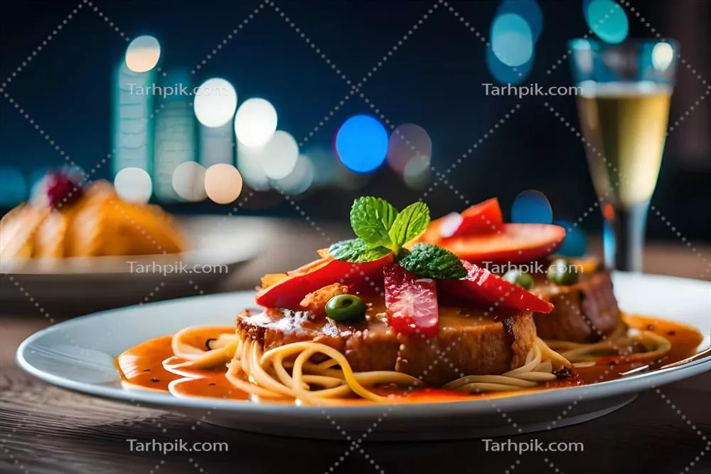 عکس یک بشقاب ماکارونی و گوشت با یک لیوان شراب - تولید شده با هوش مصنوعی