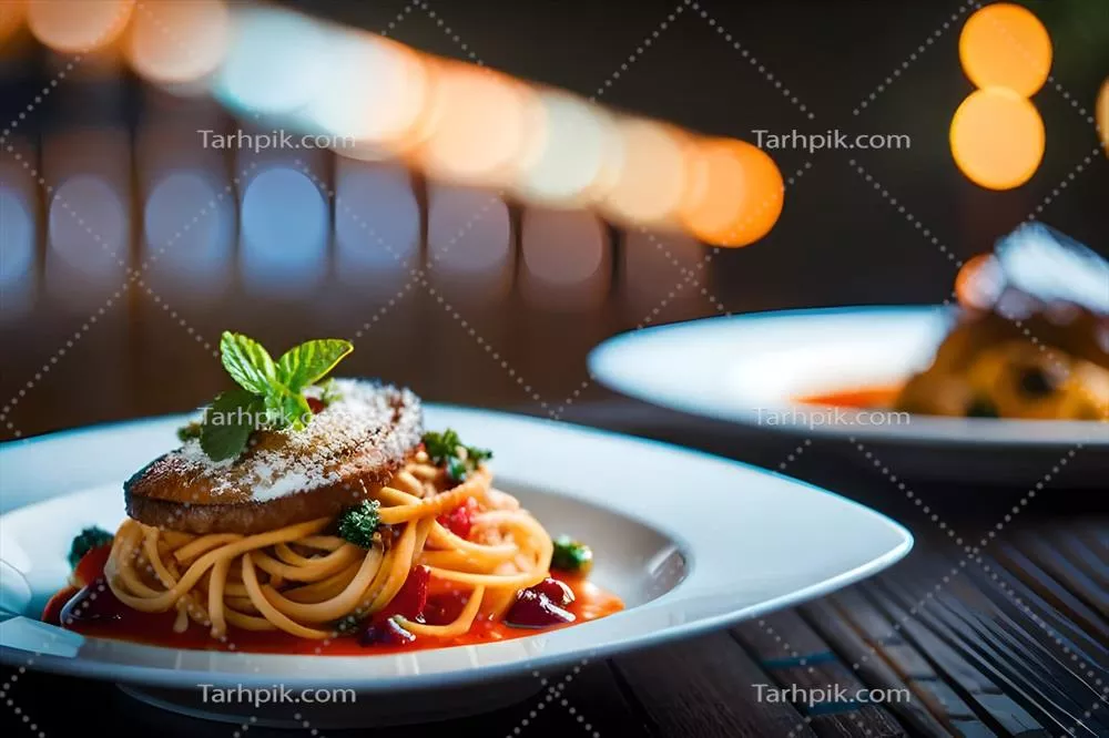 عکس دو بشقاب سفید با اسپاگتی و گوشت بر روی آن‌ها - تصویر هوش مصنوعی