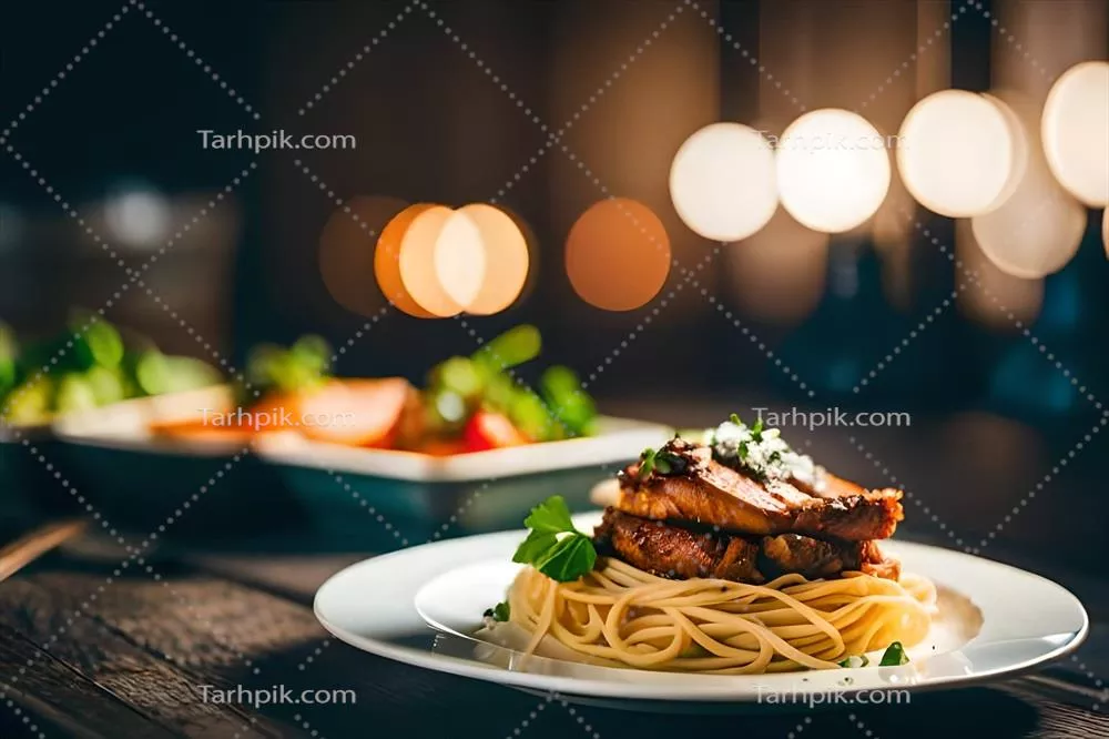 عکس یک بشقاب ماکارونی و گوشت خوشمزه بر روی میز چوبی به تصویر کشیده شده است