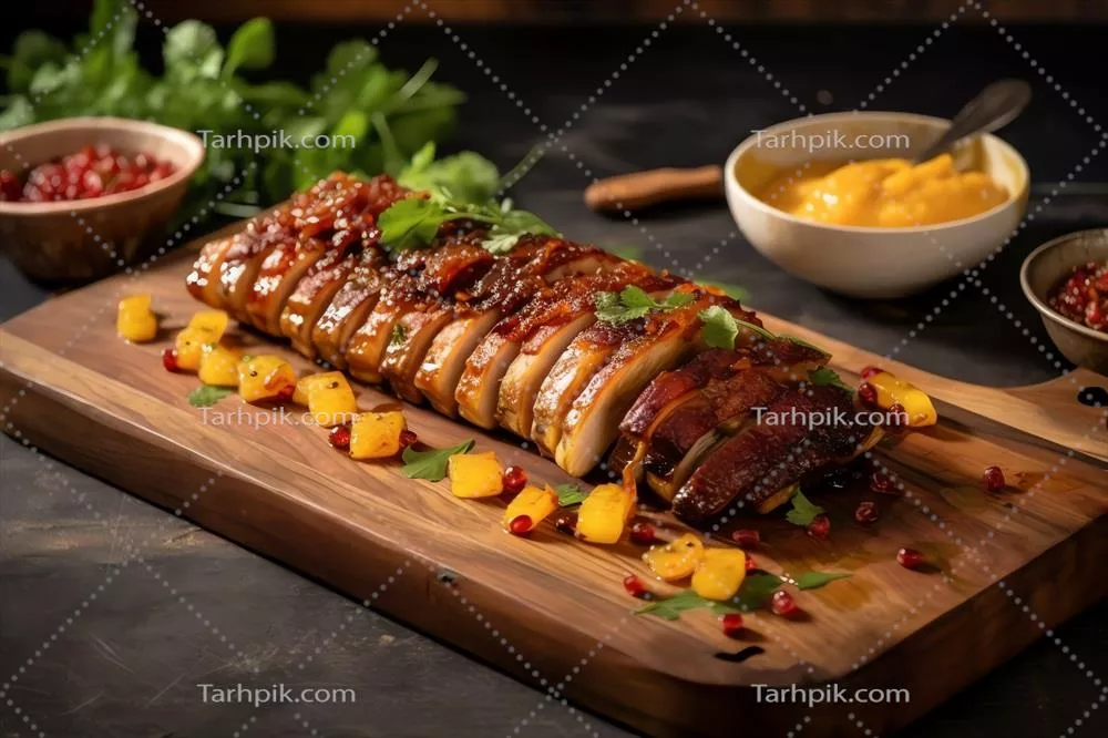 عکس طرز تهیه شکمبه خوک کبابی با سس انبه و فلفل، سرو شده روی تخته چوبی