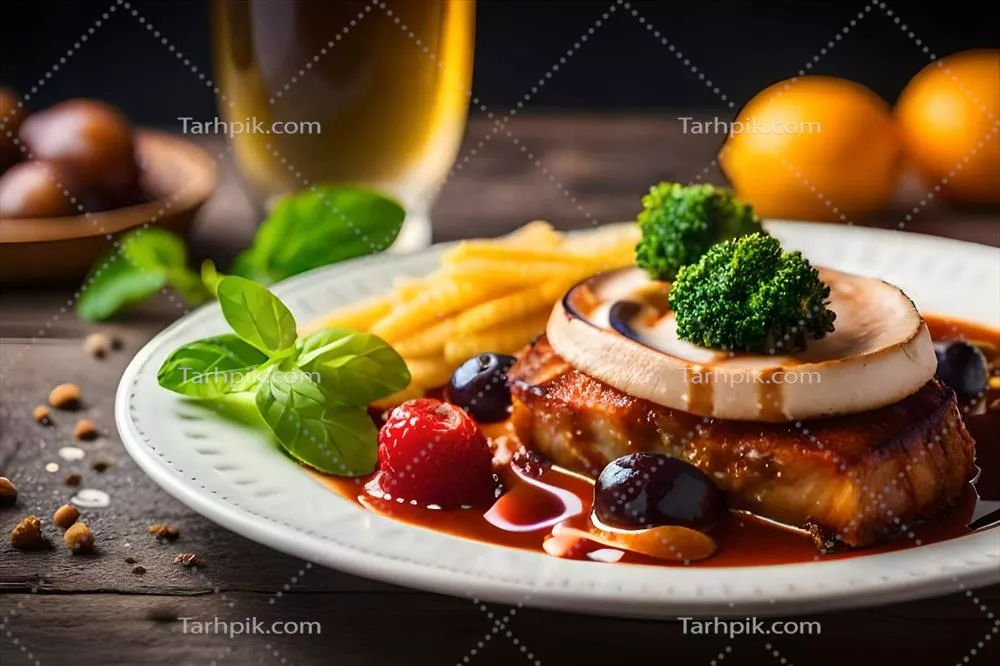 عکس تصویری از یک بشقاب غذا همراه با یک لیوان آبجوی خوشمزه با استفاده از هوش مصنوعی