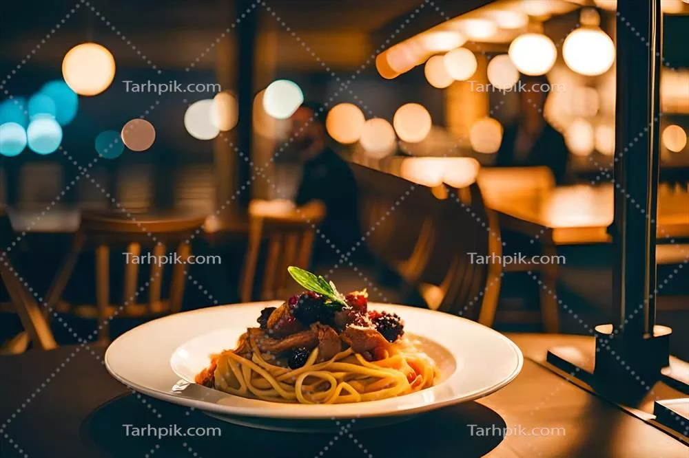 عکس یک بشقاب اسپاگتی خوشمزه با گوشت و سس در یک رستوران زیبا
