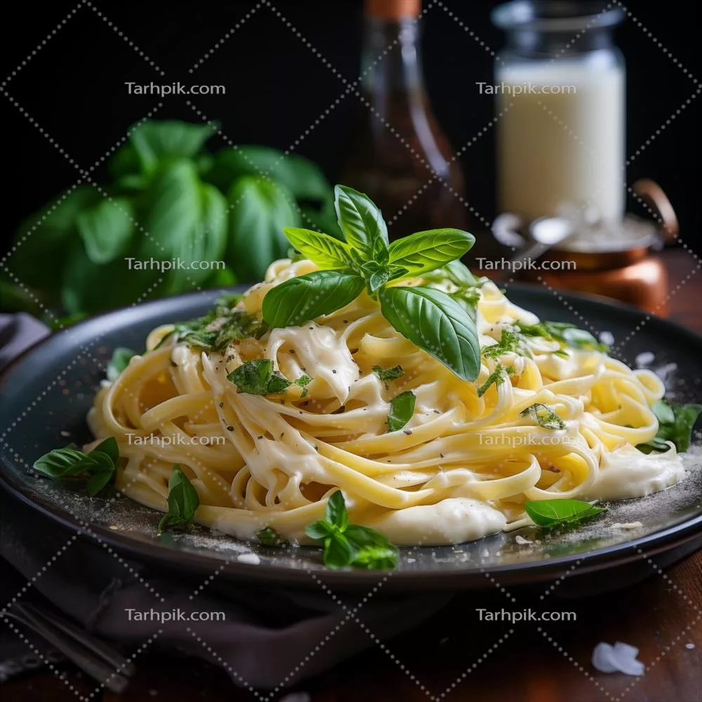 عکس بشقاب ماکارونی با سس سفید؛ غذای ایتالیایی برای منوی رستوران و تبلیغات